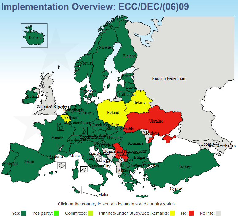 Ilustratīvs attēls, kas ataino ECC/DEC/(06)09 lēmumu ieviešanu 32 CEPT administrāciju valstīs