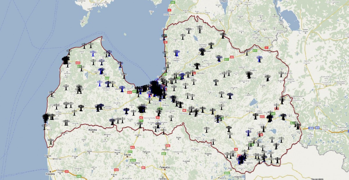 Latvijas kartē attēlotas sauszemes mobilo radiosakaru tīklu bāzes staciju izmantošanas vietas 146-174 MHz joslā