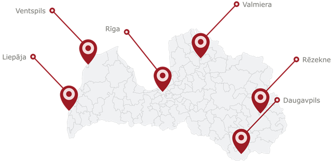 Latvijas karte, kurā attēlotas vietas, kurās atrodas VAS Elektroniskie sakari reģionālie punkti : Rīgā, Liepājā, Ventspilī, Rēzeknē, Daugavpilī un Valmierā