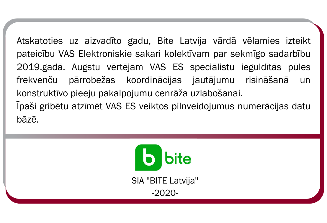 Saite uz SIA Bite Latvija pateicību VAS ES par sadarbību 2019.gadā un ieguldīto darbu frekvenču pārrobežas jautājumu risināšanā