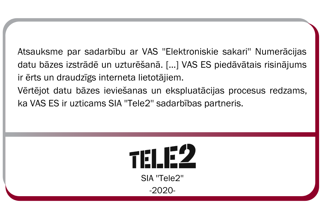 Saite uz Tele2 2020.gada atsauksmi par sadarbību ar VAS ES Numerācijas datu bāzes izstrādē un uzturēšanā