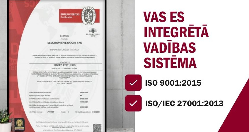 VAS ES saņemtais sertifikāts ISO 27001:2013, kas apliecina atbilstību informācijas pārvaldības drošības jomā